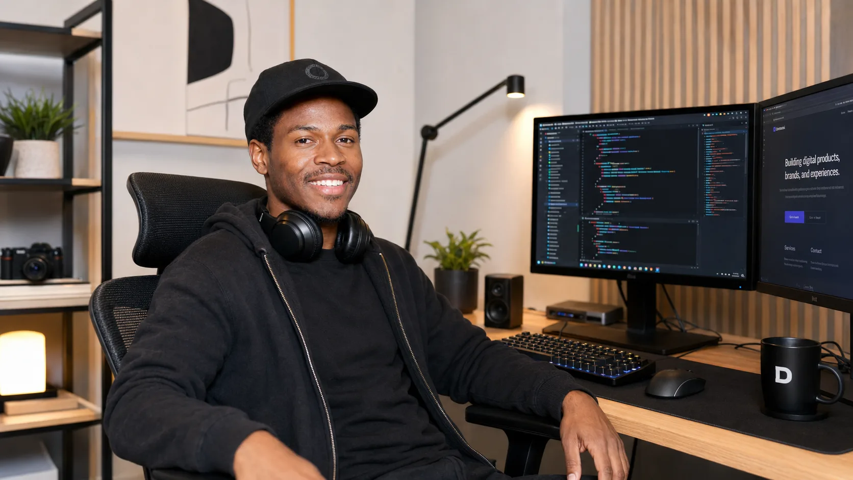 A black man in in front computer - Black Developer coding - Akas Jeremy